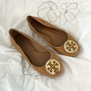 Tory Burch tan & gold logo flats